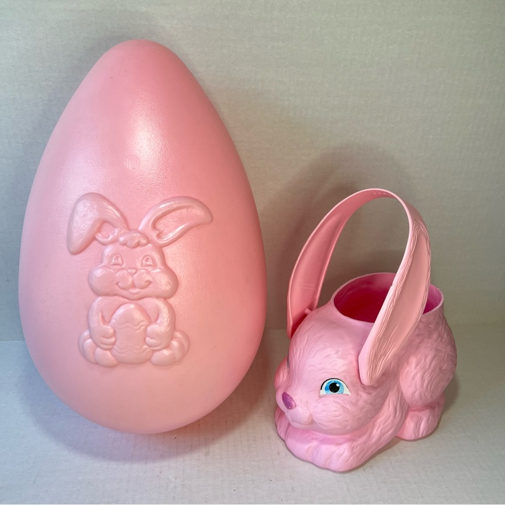 Vintage Giant Pastel Pink Easter Egg Blow Mold Bunny and Pink Bunny Basket
